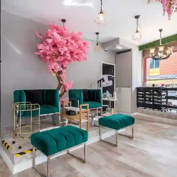 Cherry-blossom seating area inside the salon